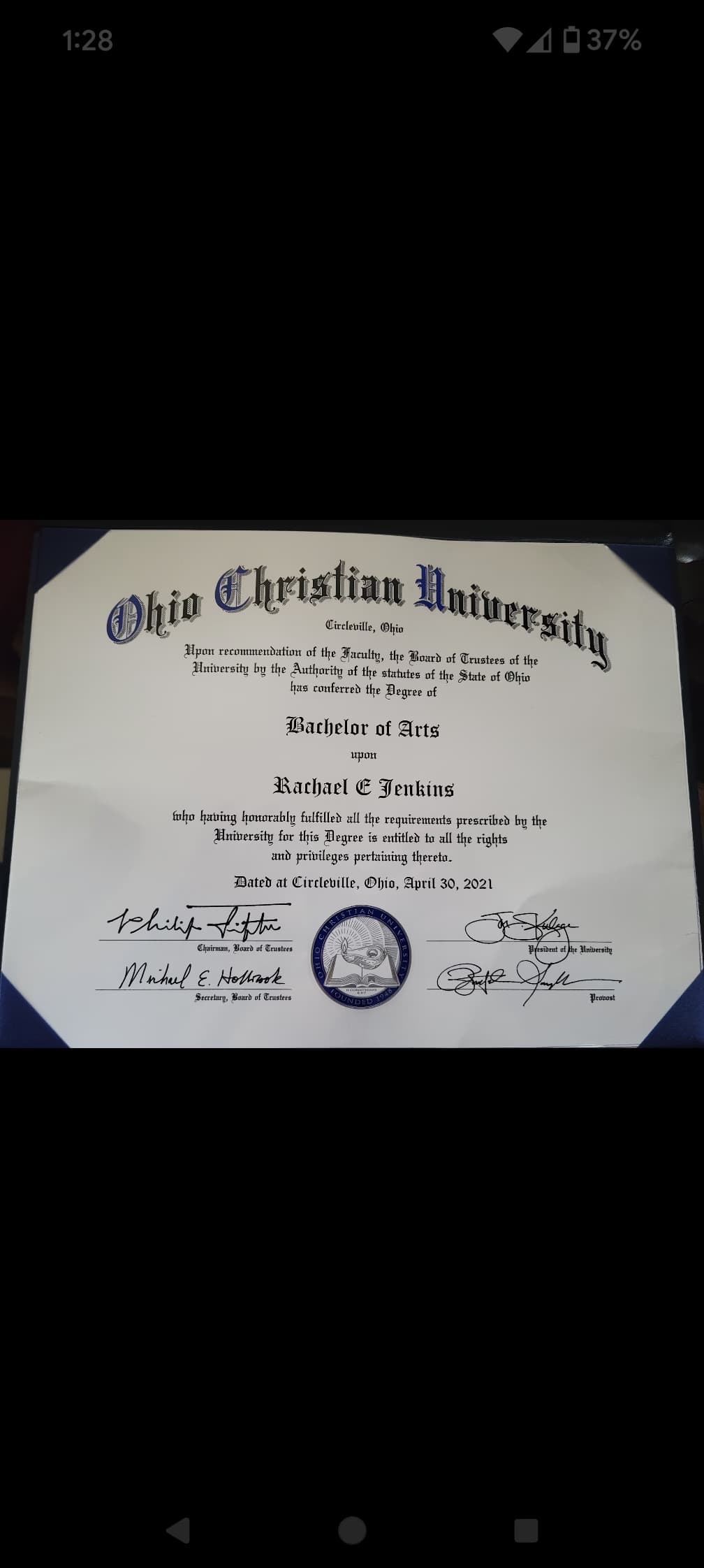 Rachael graduated from Ohio Christian University