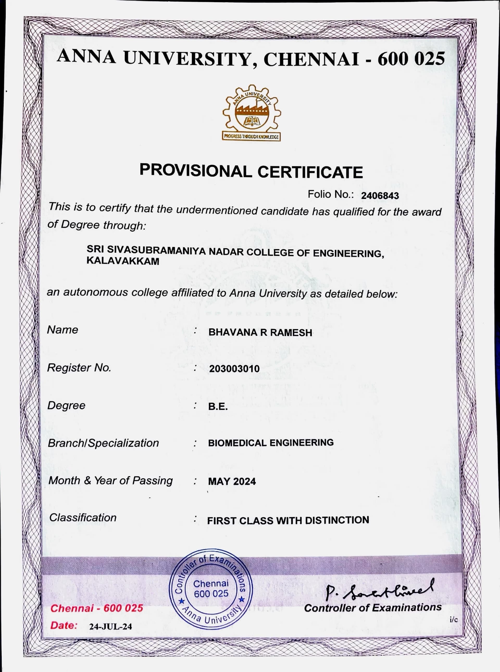 Bhavana graduated from SSN COLLEGE OF ENGINEERING