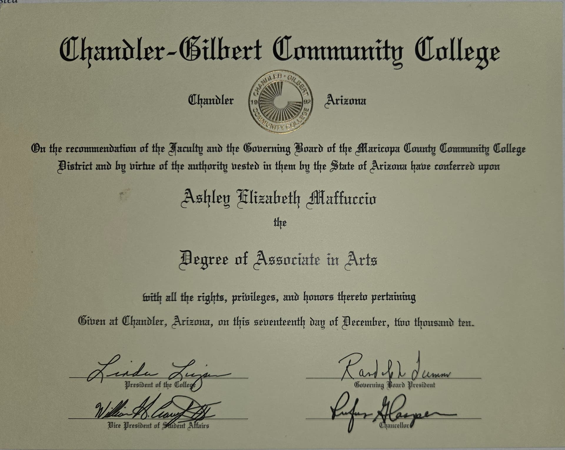 Ashley graduated from Chandler Gilbert Community College