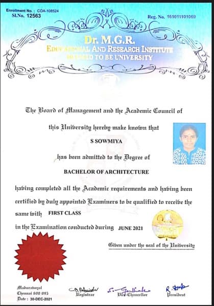 SOWMIYA graduated from DR MGR EDUCATIONAL AND RESEARCH INSTITUTE