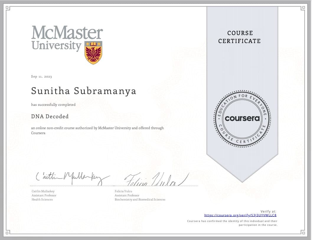 Sunitha graduated from BANGALORE UNIVERSITY