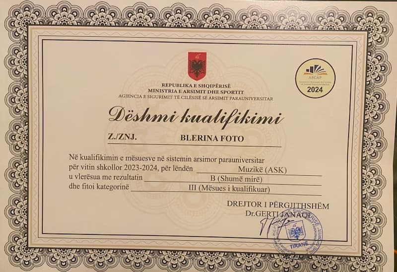 Blerina graduated from University of Arts, Tirana, Albania