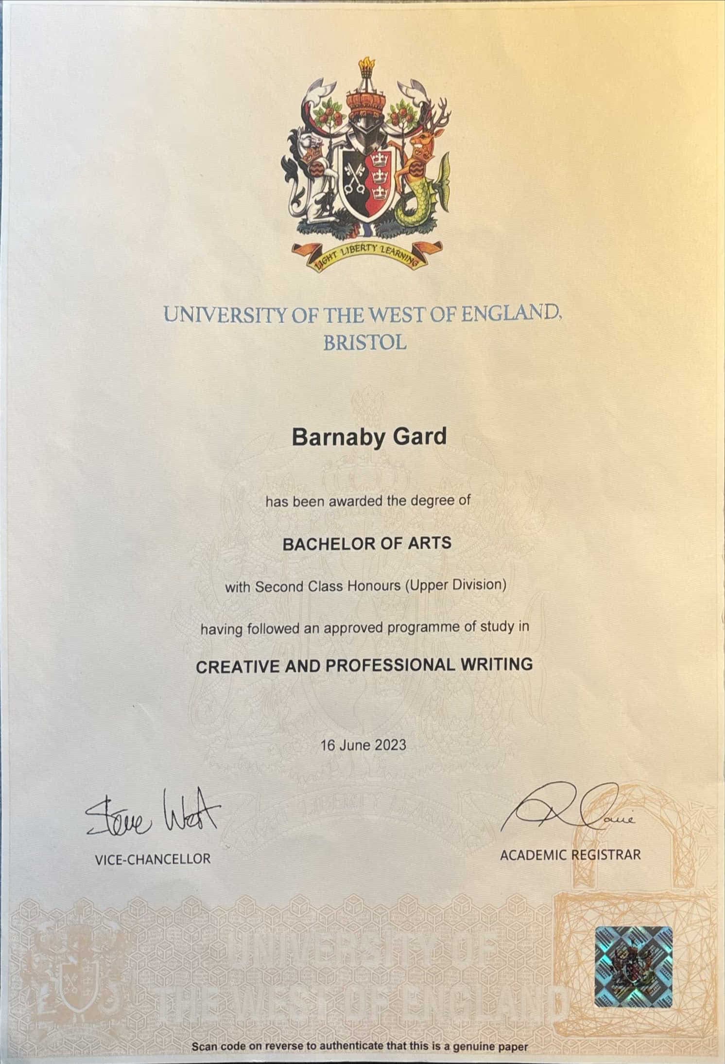 Barnaby graduated from University of the West of England