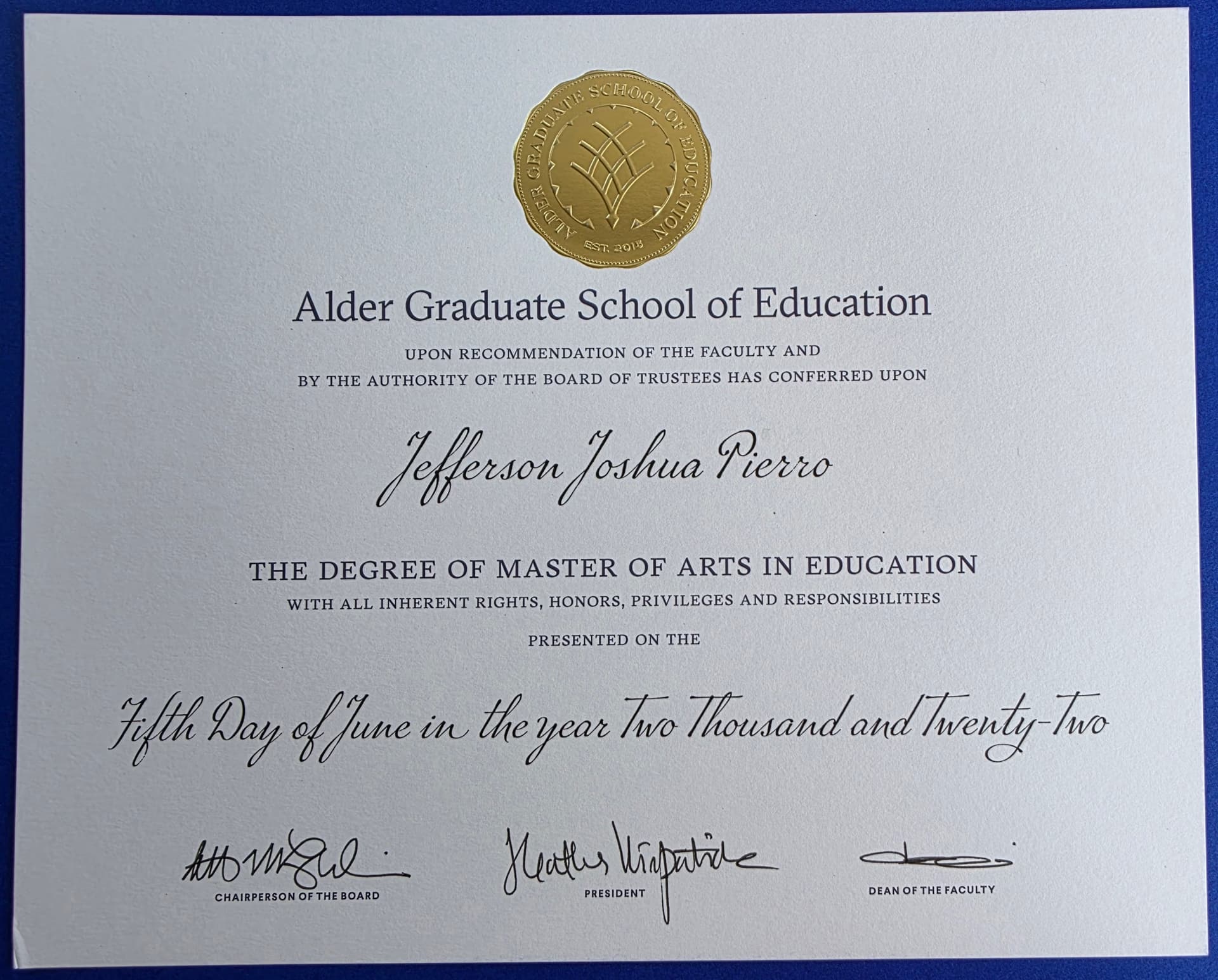 Jefferson graduated from Alder Graduate School of Education