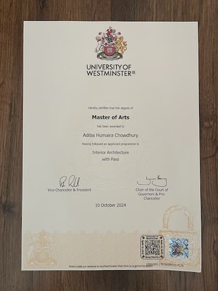 Adiba graduated from University of Westminster, London, UK