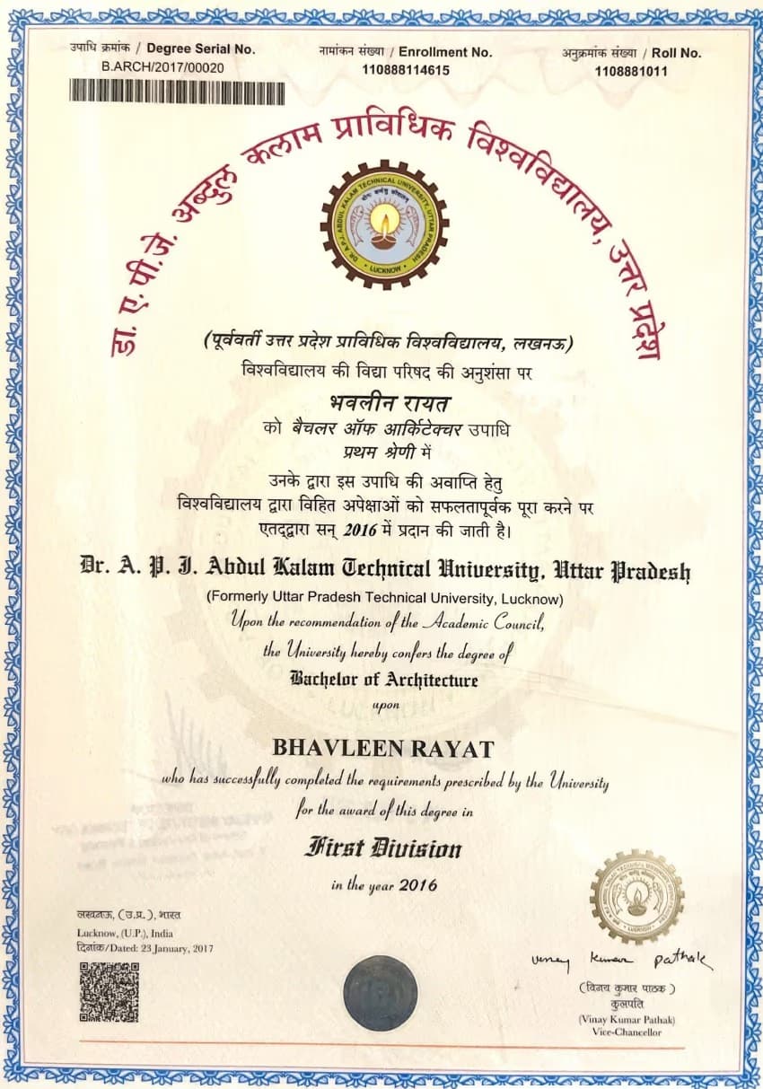 bhavleen graduated from Dr. A. P. J. Abdul Kalam Technical University