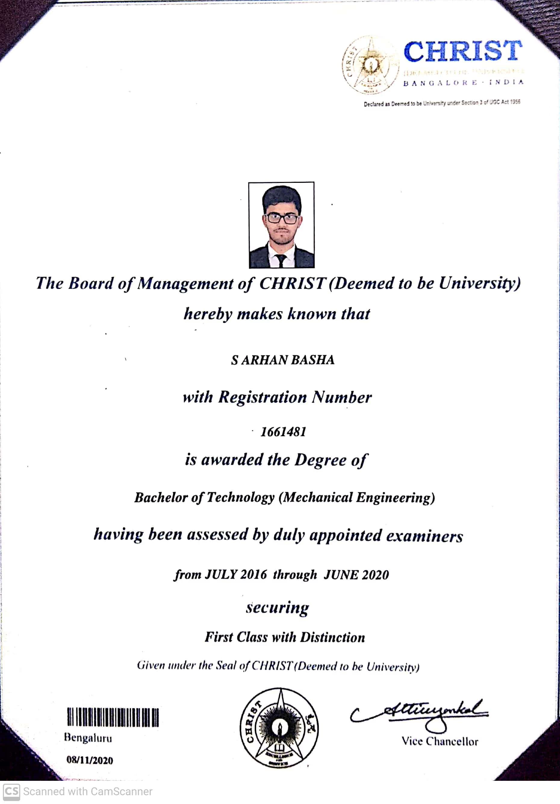 Arhan Basha  graduated from Christ University 