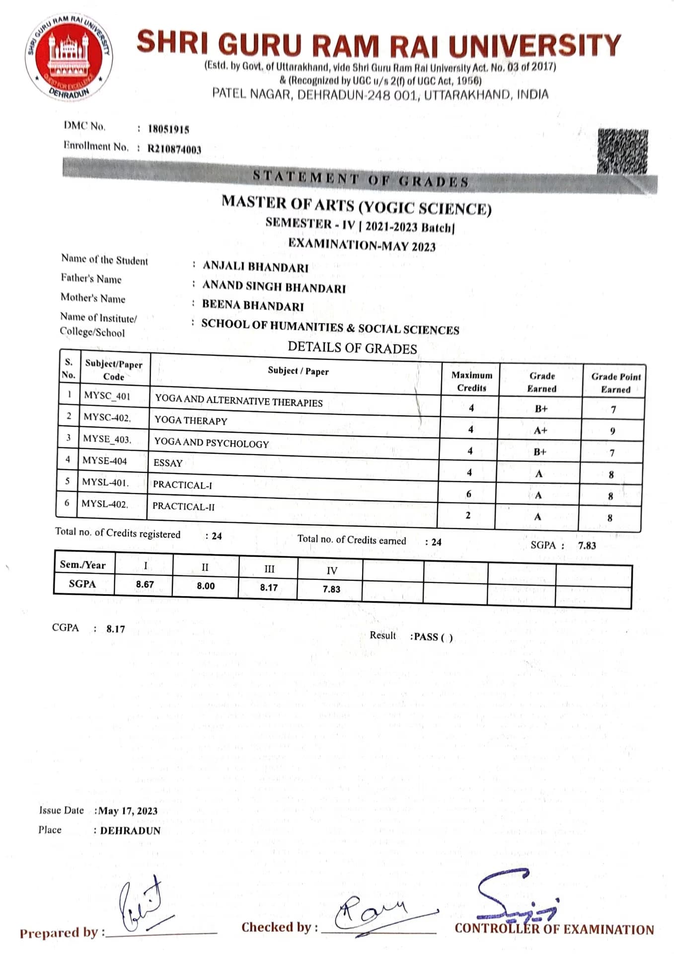 Anjali  graduated from Shri Guru Ram Rai University, Dehradun