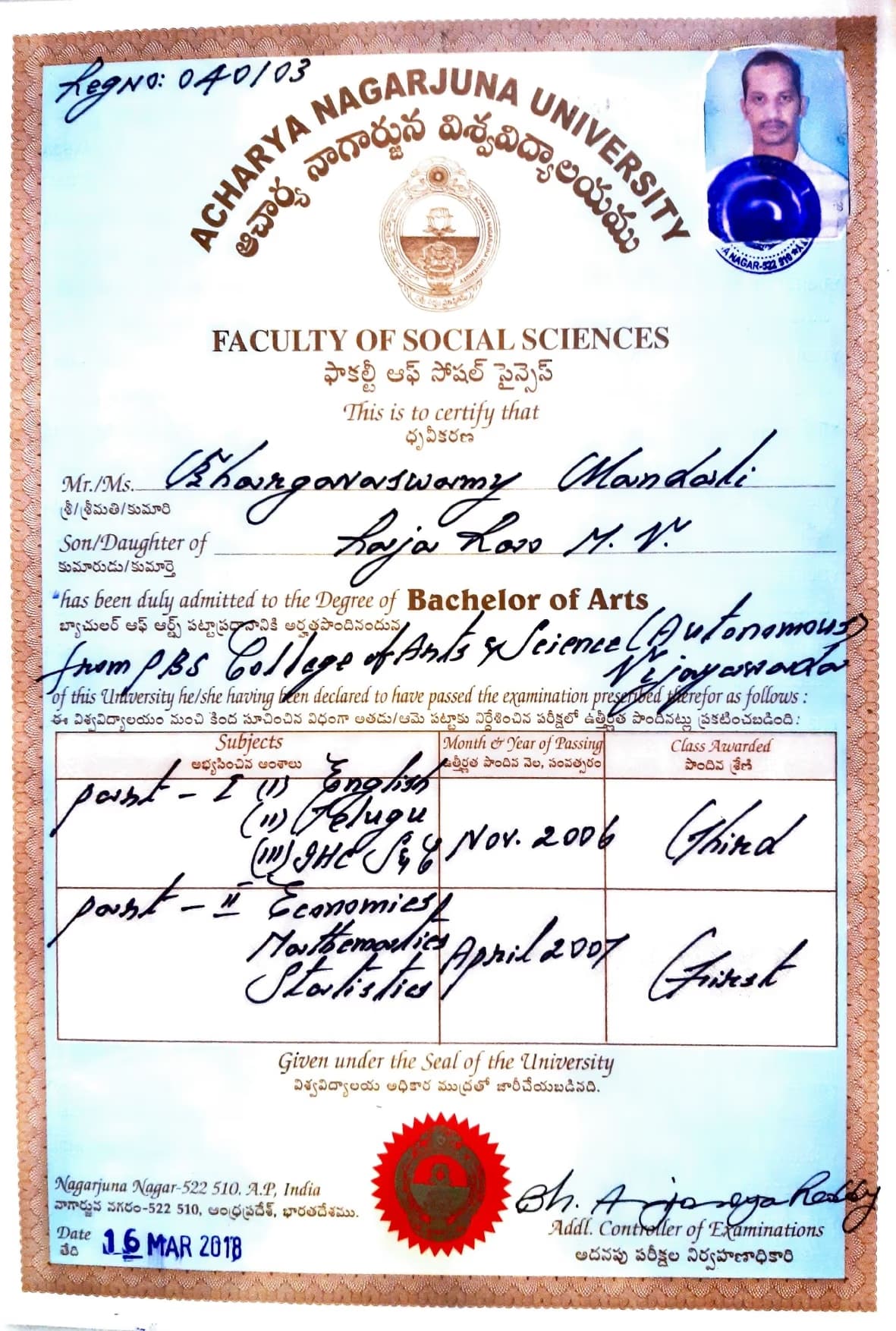 Bhargava graduated from Acharya Nagarjuna University