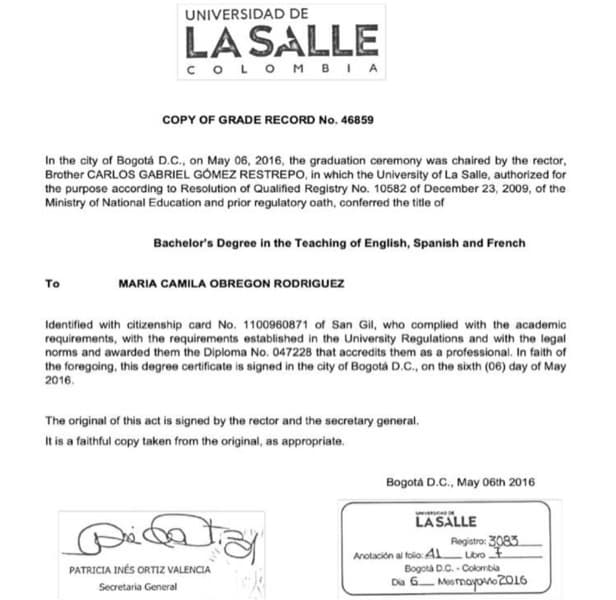 Camila graduated from La Salle Univertity