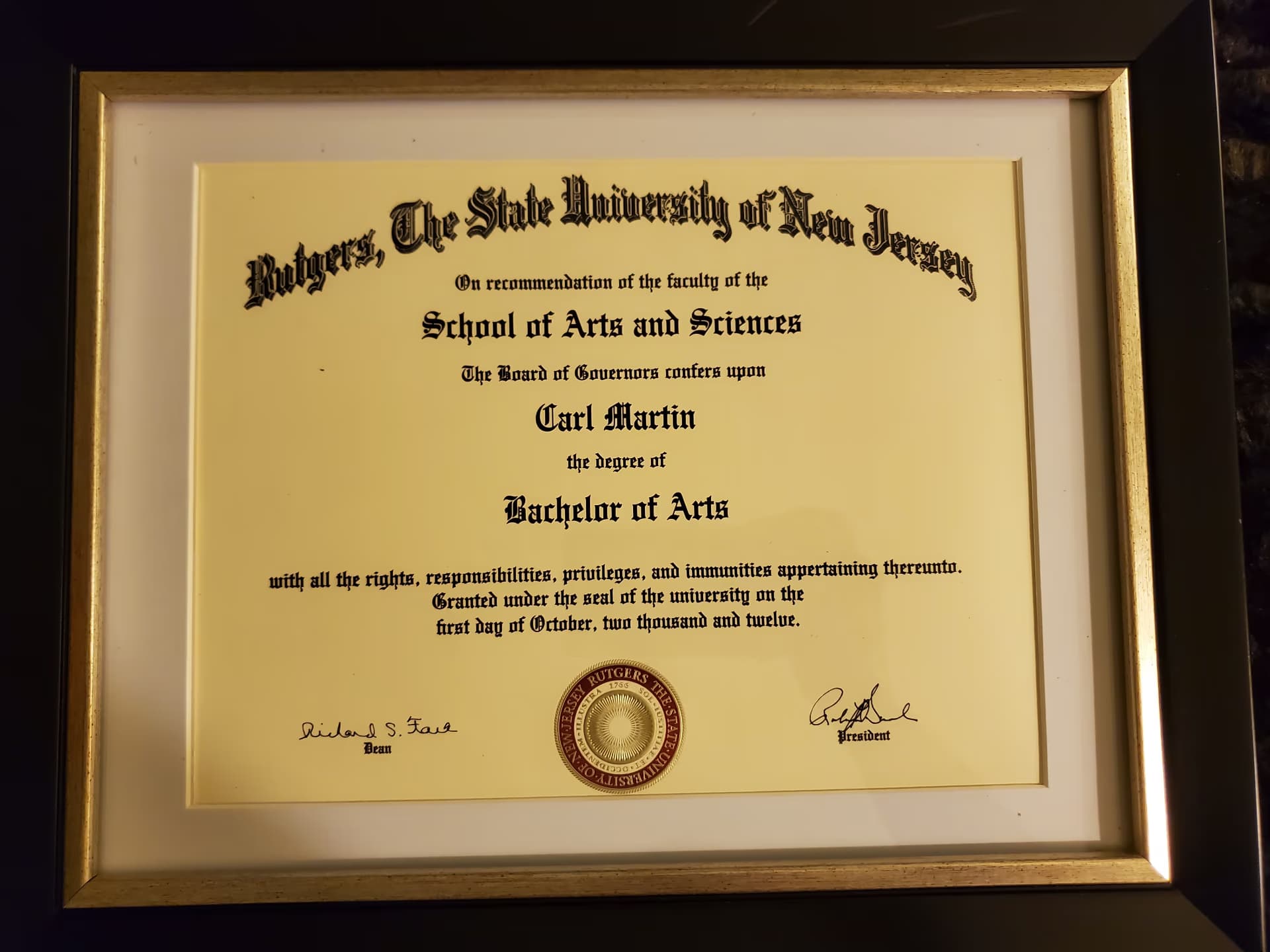 Carl graduated from Rutgers University