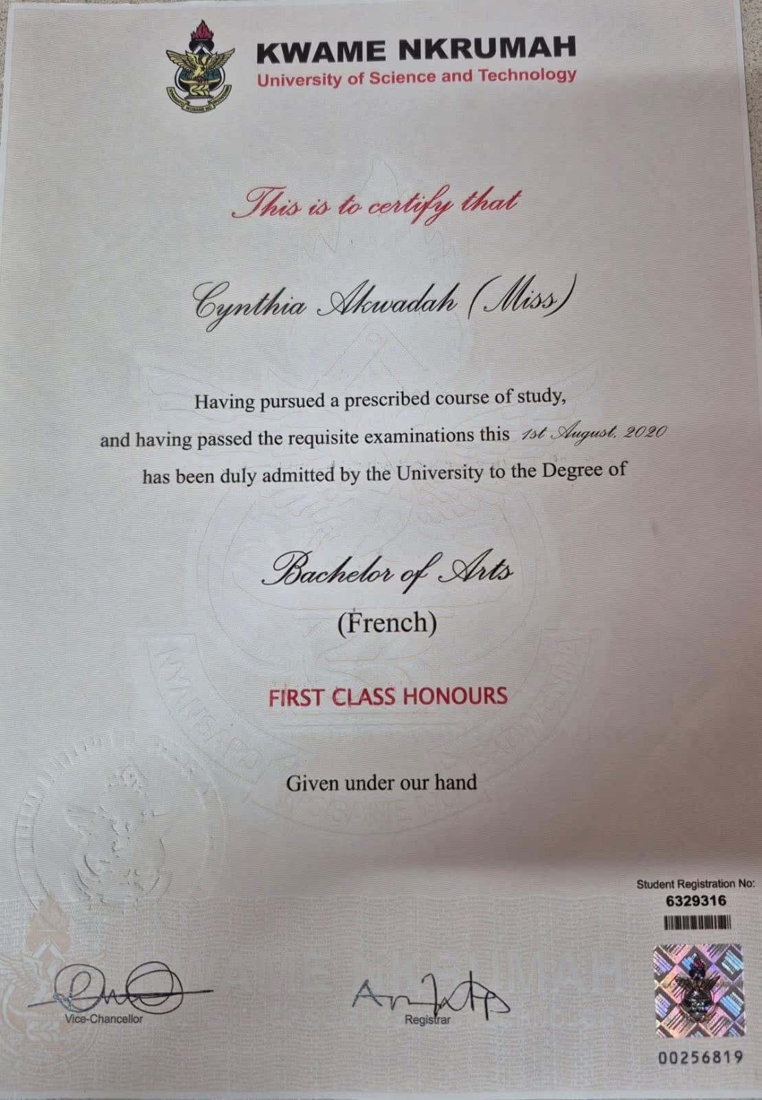 Cynthia graduated from Kwame Nkrumah University of Science and Technology