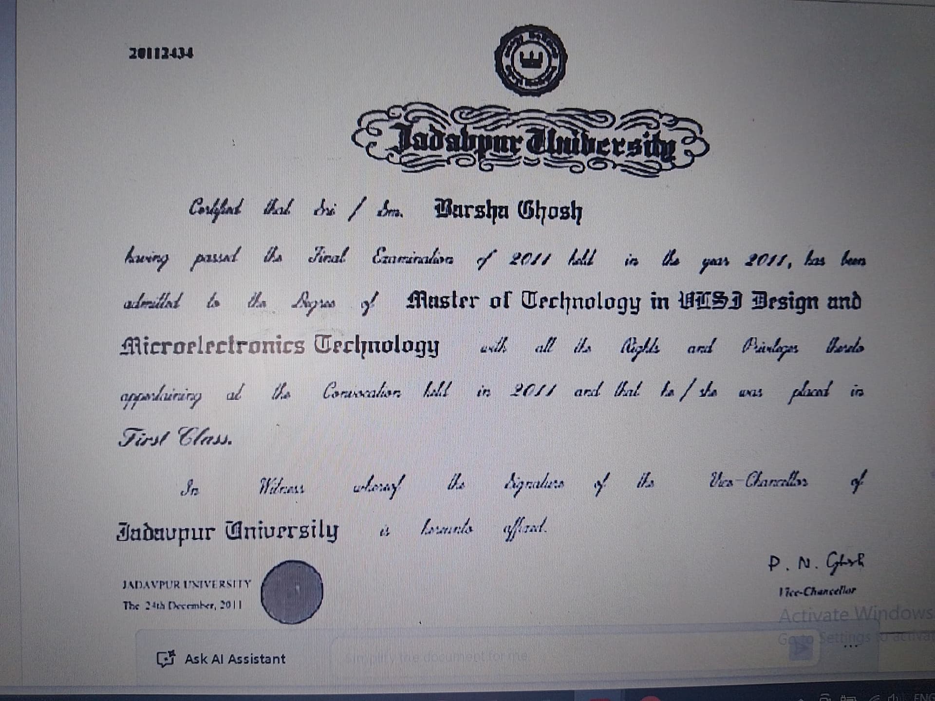 Barsha graduated from Jadavpur University