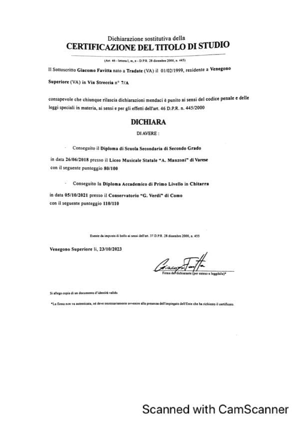 Giacomo graduated from Conservatory “Giuseppe Verdi”, Como