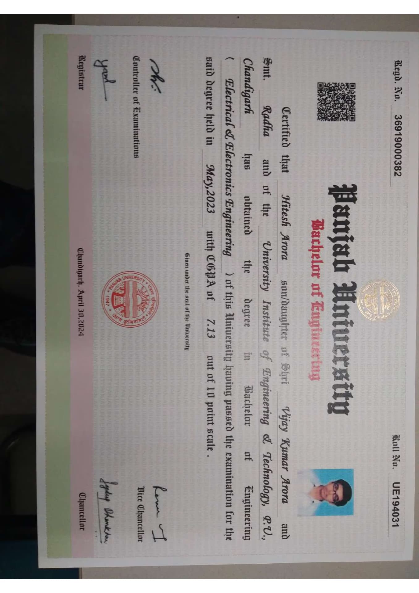 Hitesh graduated from Panjab University