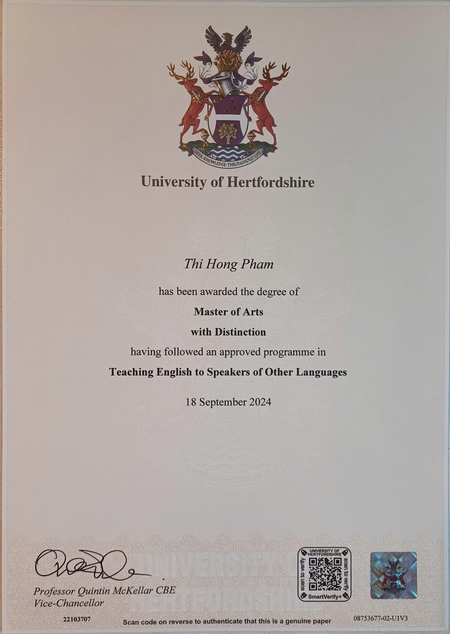 Hong graduated from University of Hertfordshire