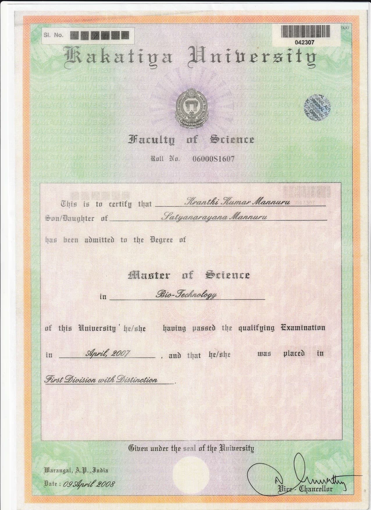 Mannuru graduated from Kakatiya University