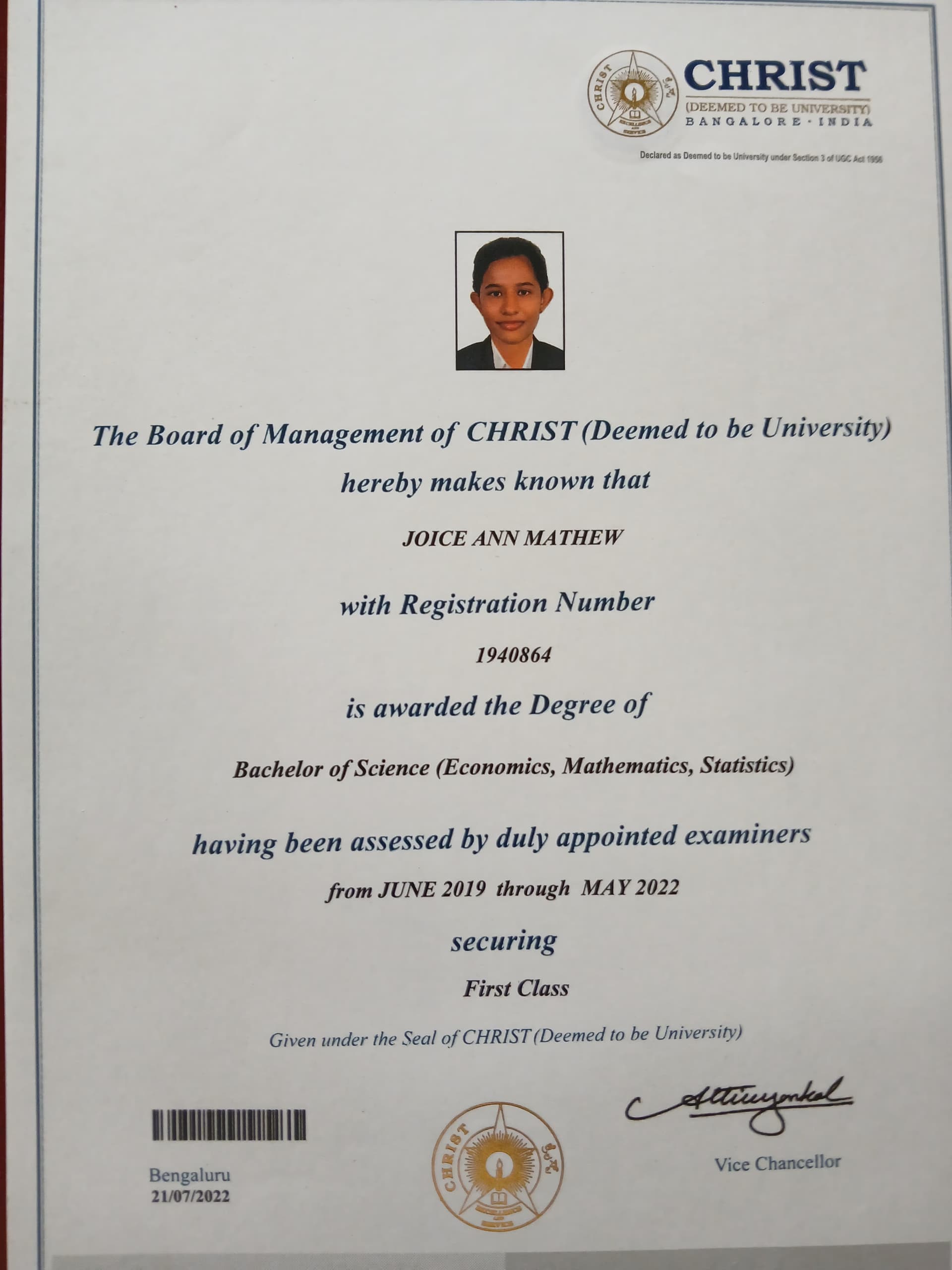 Joice graduated from CHRIST University