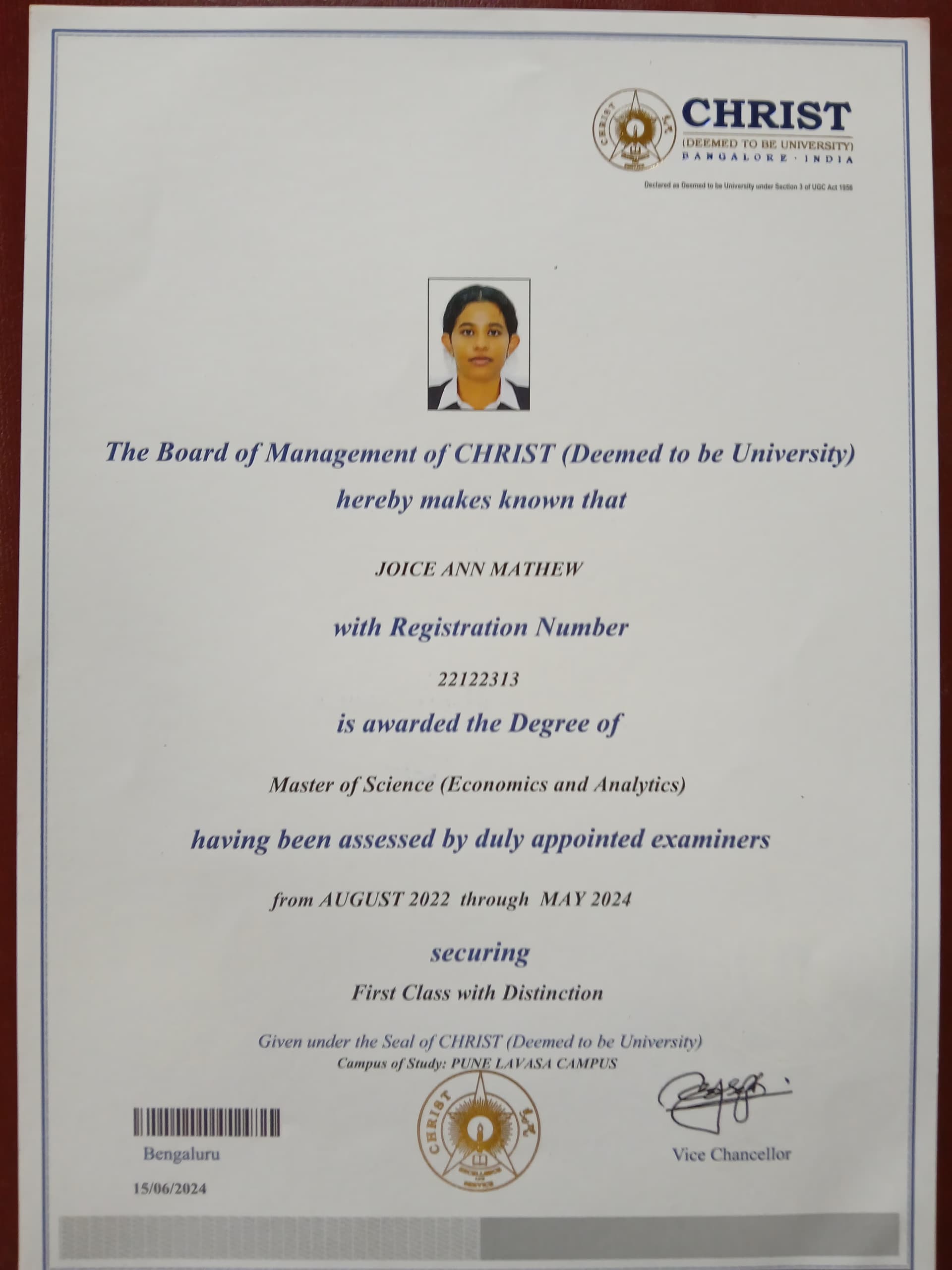 Joice graduated from CHRIST University