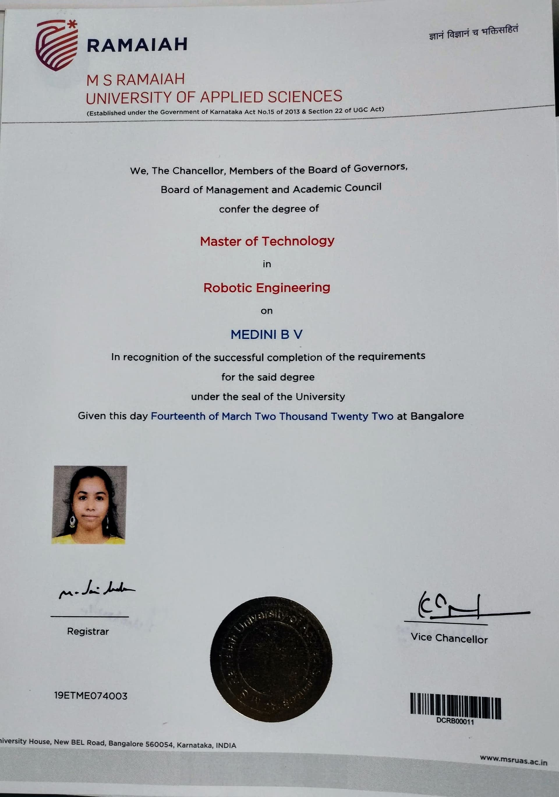 medini graduated from GOVERNMENT ENGINEERING COLLEGE RAMANAGARA