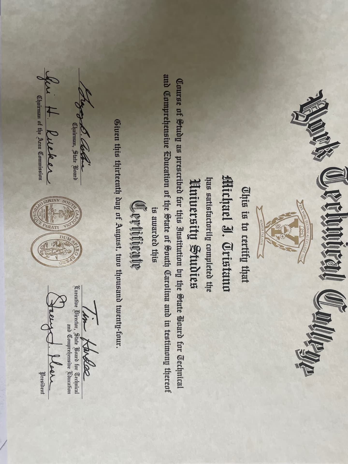 Michael  graduated from York technical College