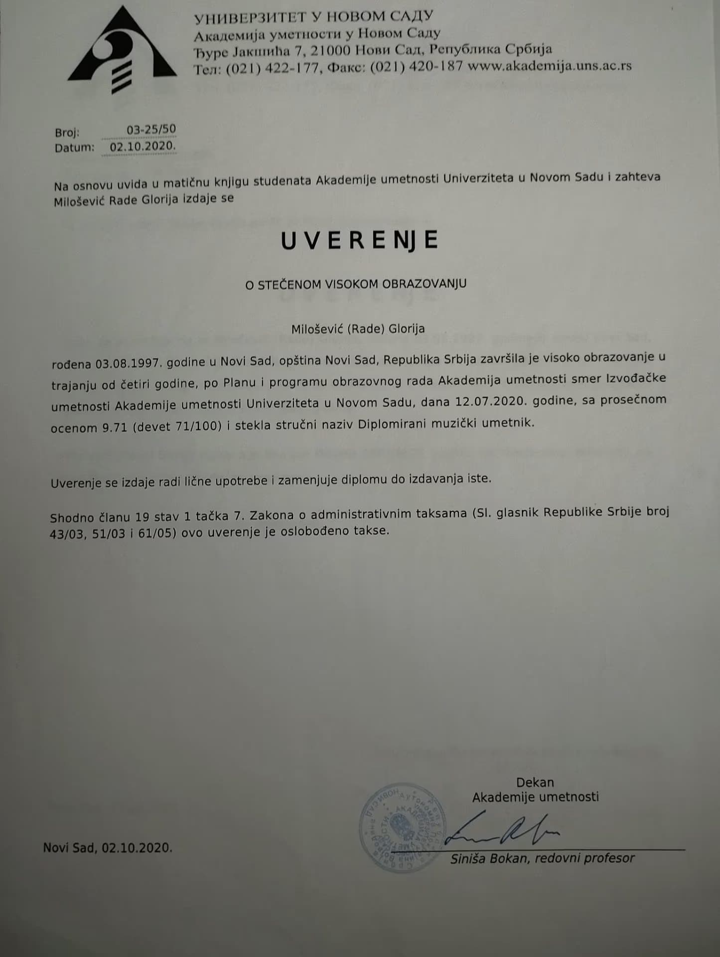 Gloria graduated from Academy of Arts