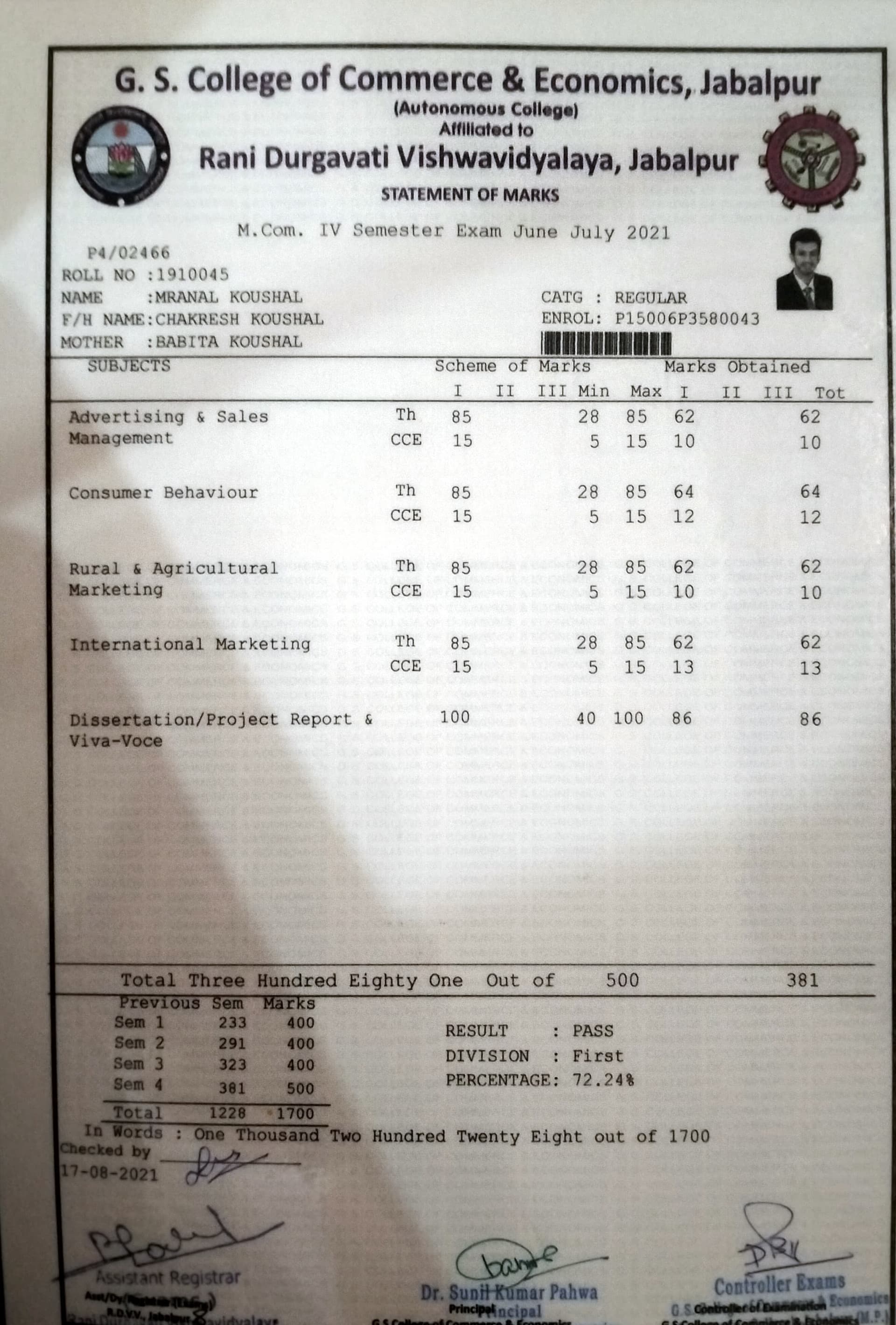 Mranal graduated from RDVV 