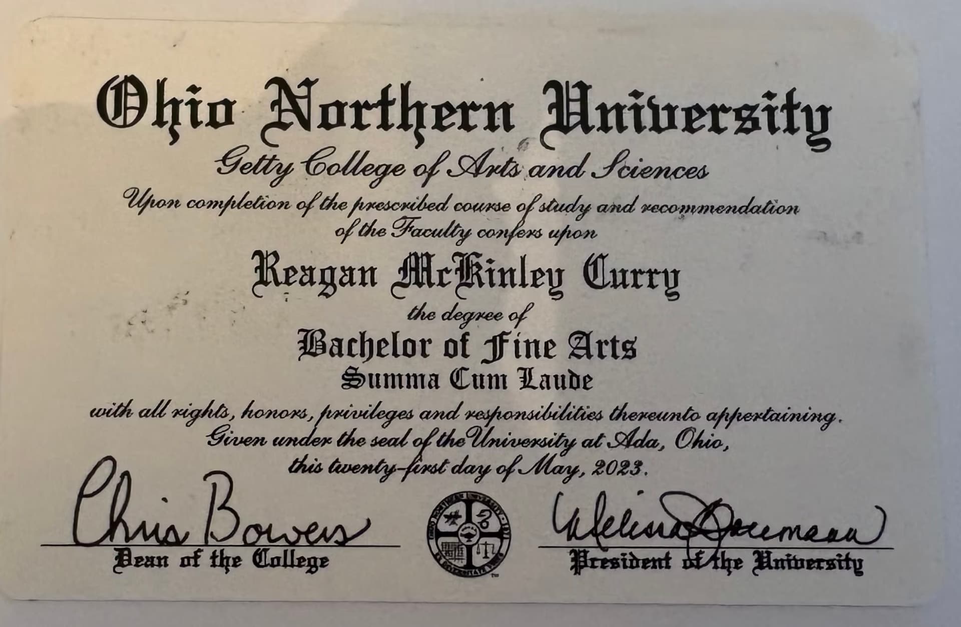 Reagan graduated from Ohio Northern University