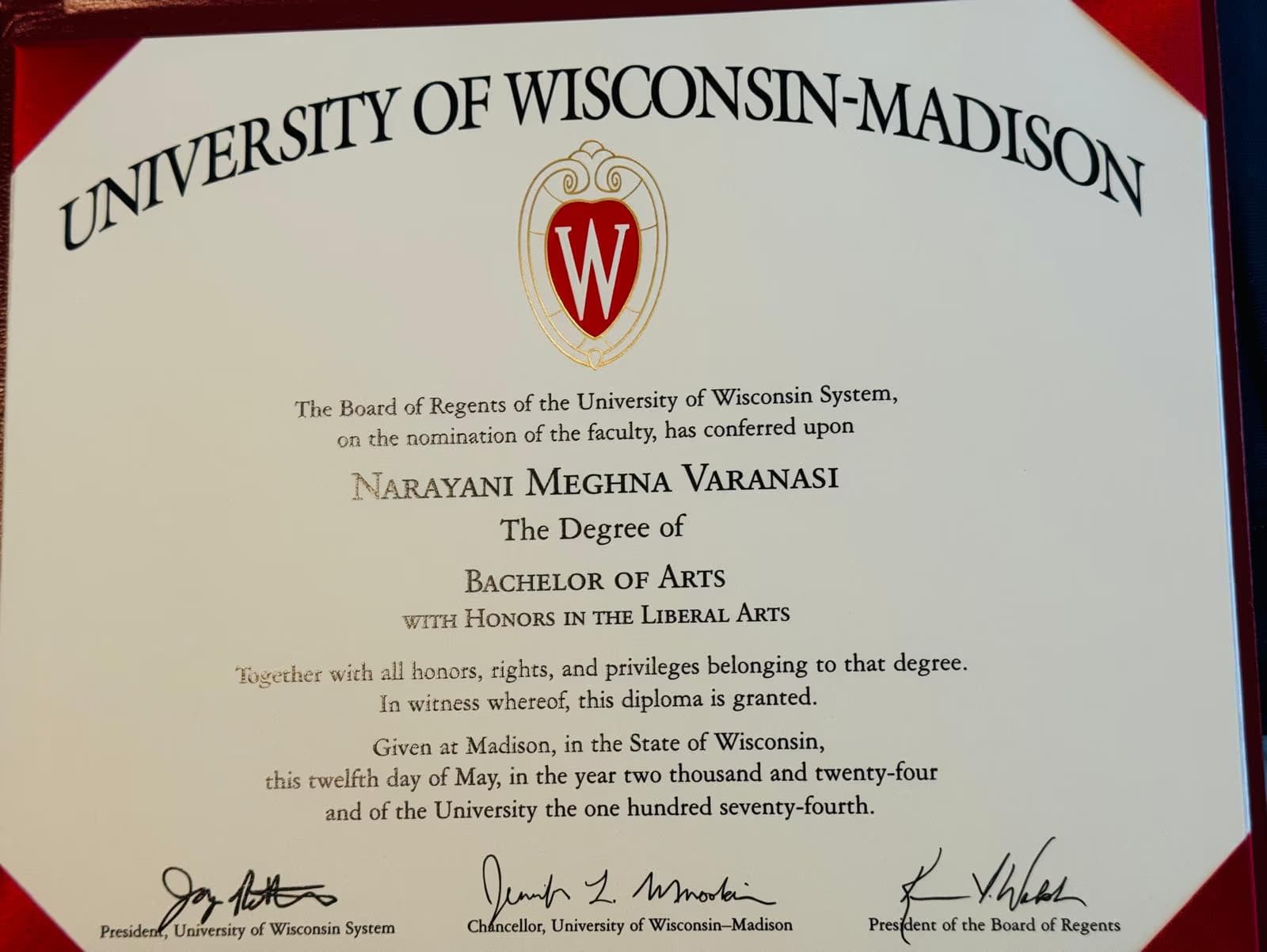 Narayani Meghna graduated from University of Wisconsin Madison