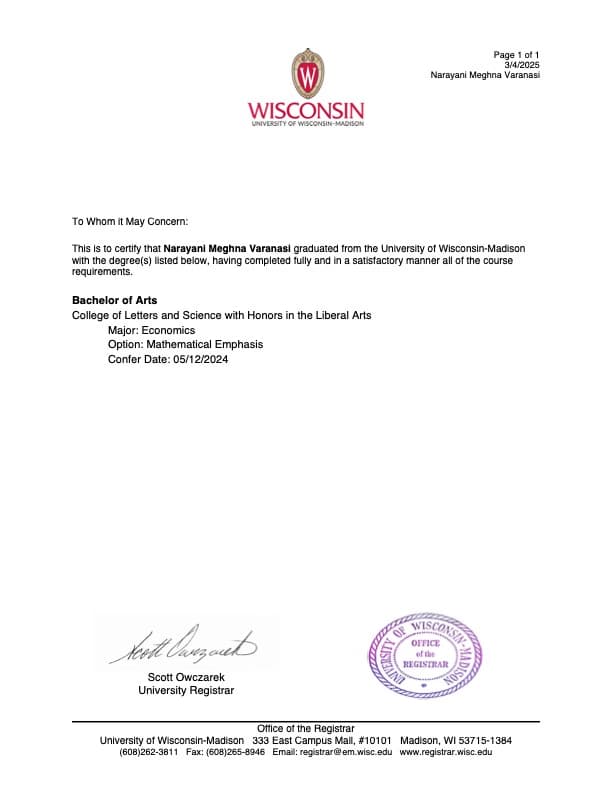 Narayani Meghna graduated from University of Wisconsin Madison