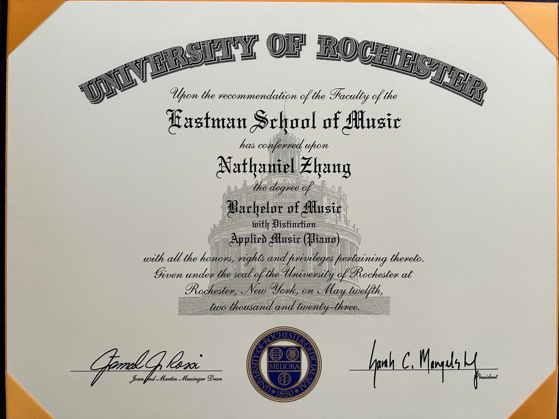 Nathaniel graduated from Eastman School of Music 
