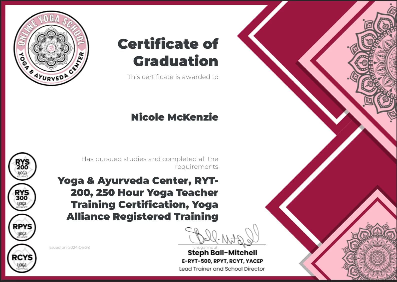 Nicole graduated from Yoga and Ayurveda Center