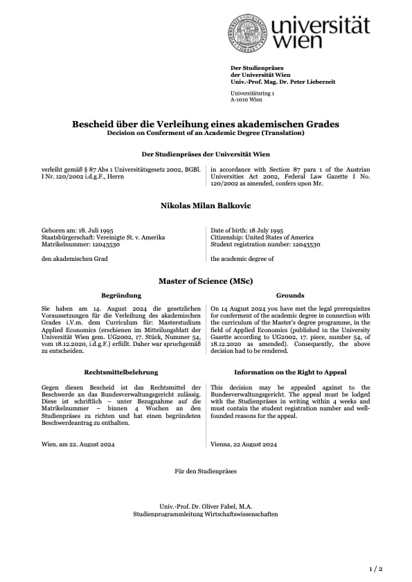 Nikolas graduated from University of Vienna (Universität Wien)