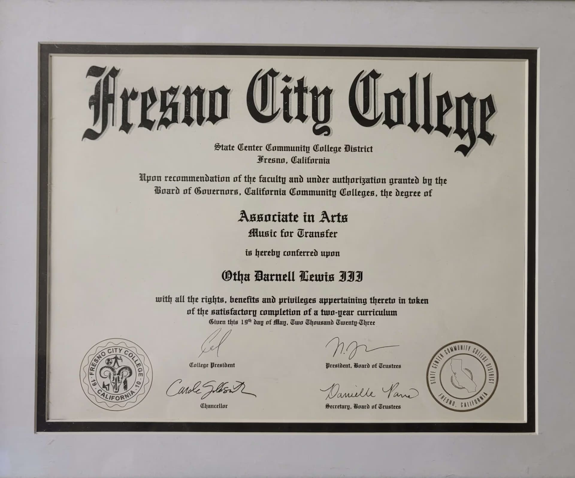 Otha graduated from Fresno City College