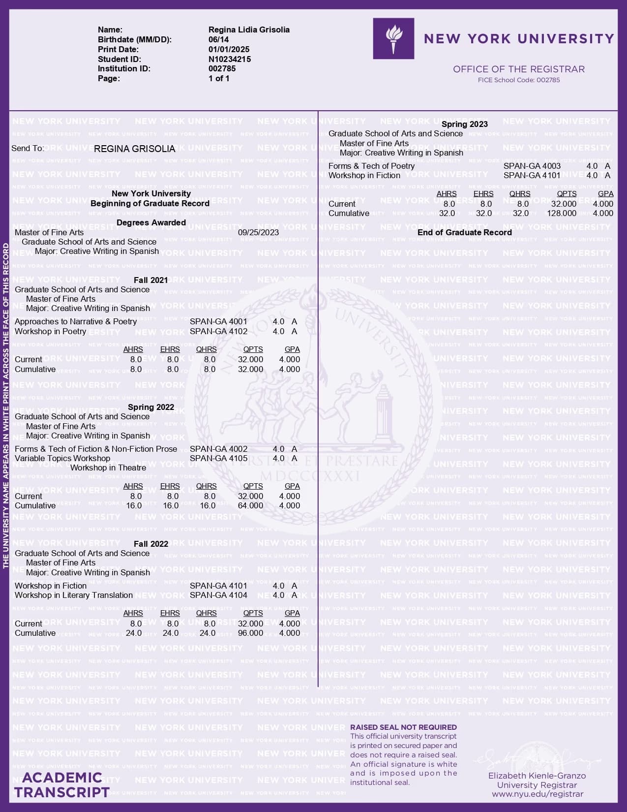 Regina graduated from NYU