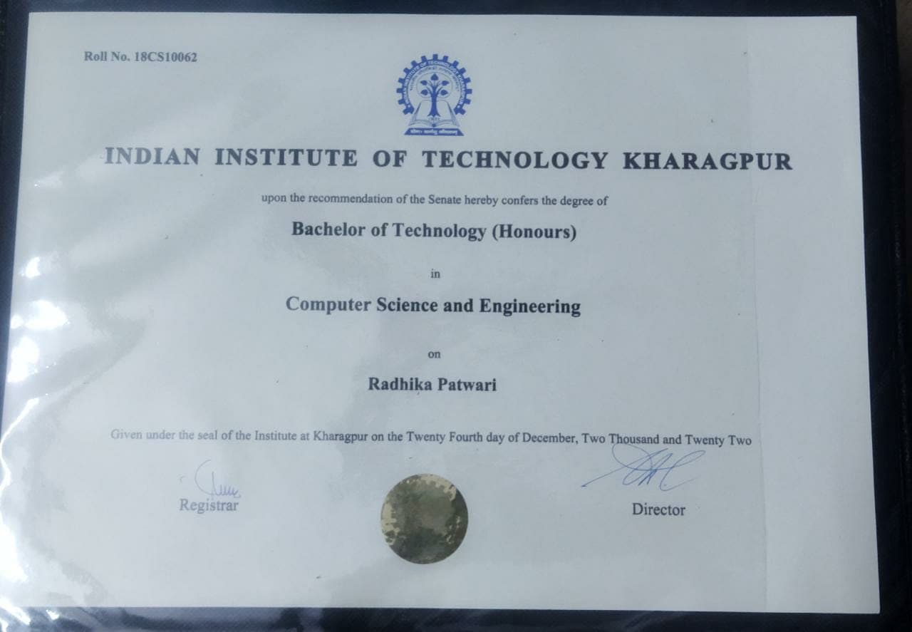 Radhika graduated from Indian Institute of Technology Kharagpur