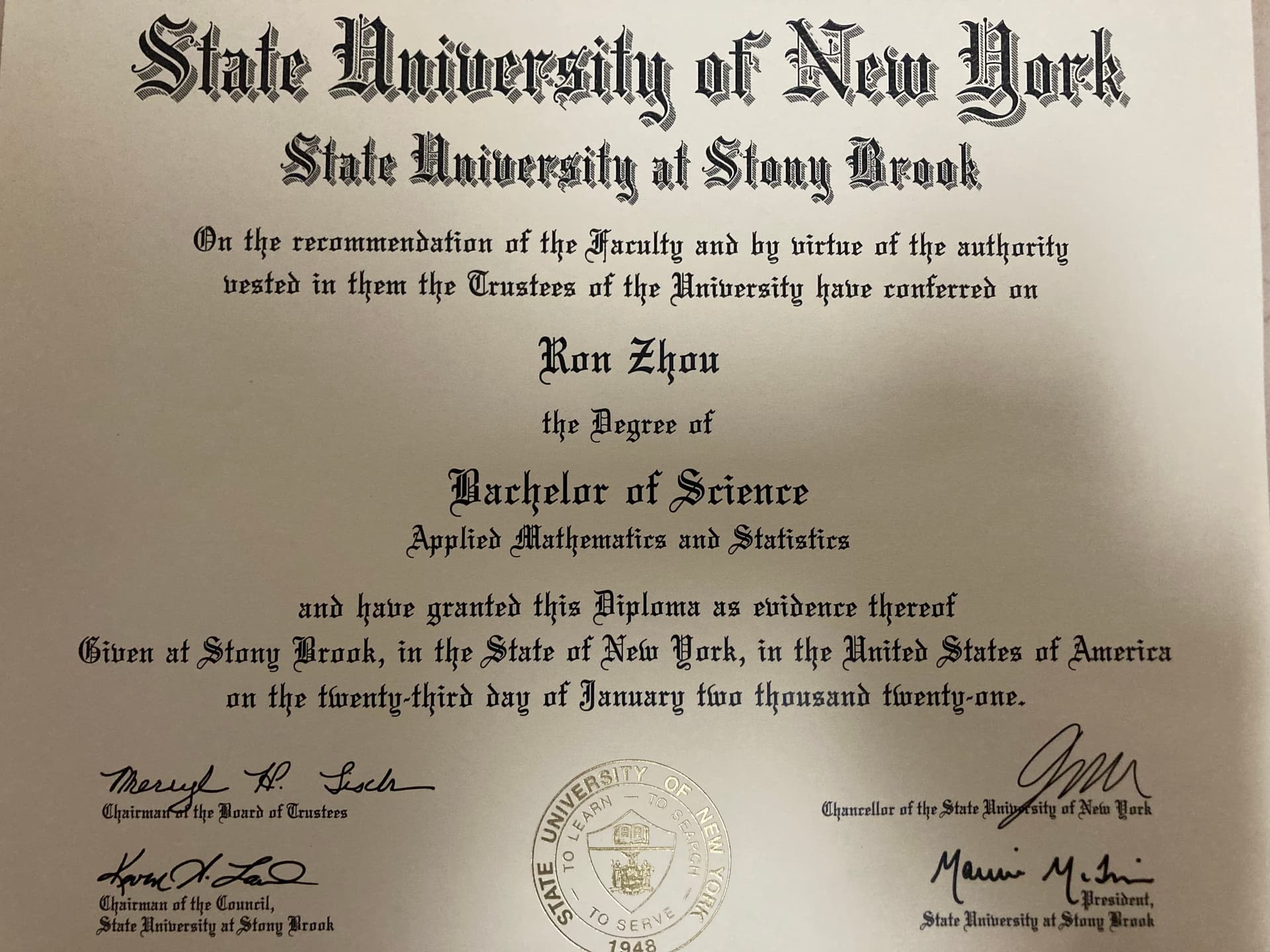 Ron graduated from Stony Brook University