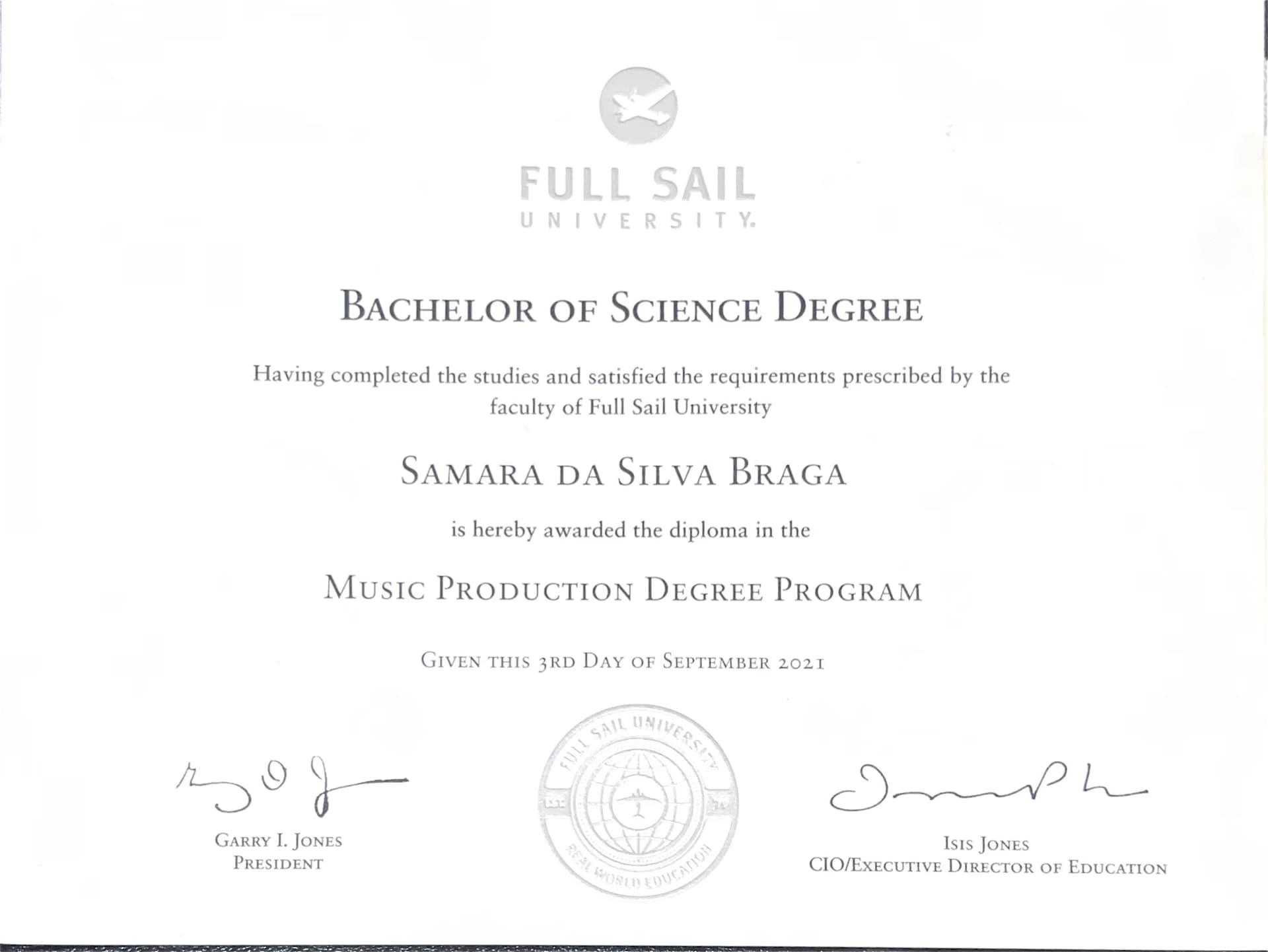 Samara graduated from Full Sail University
