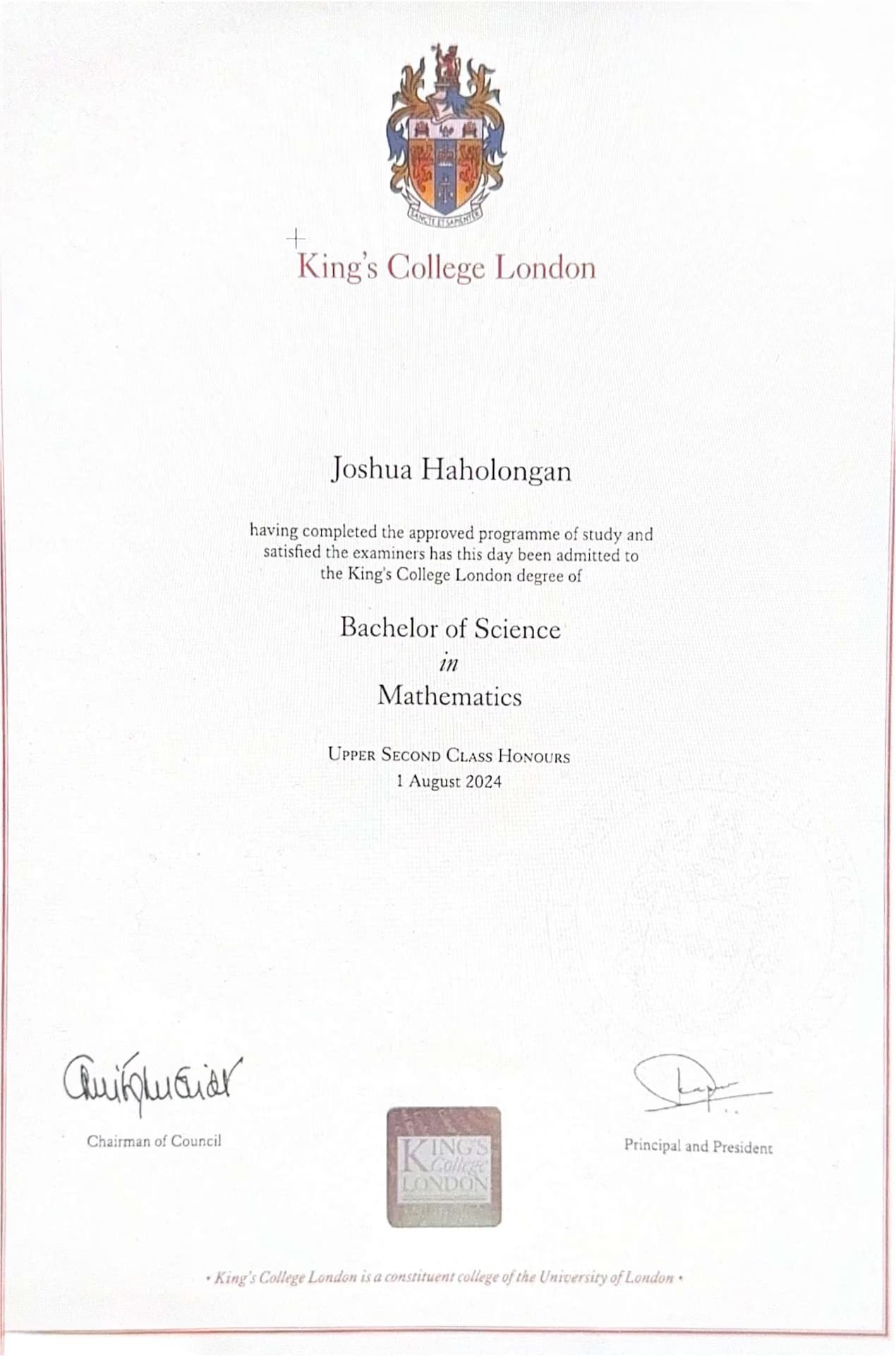 Joshua graduated from Kings College London