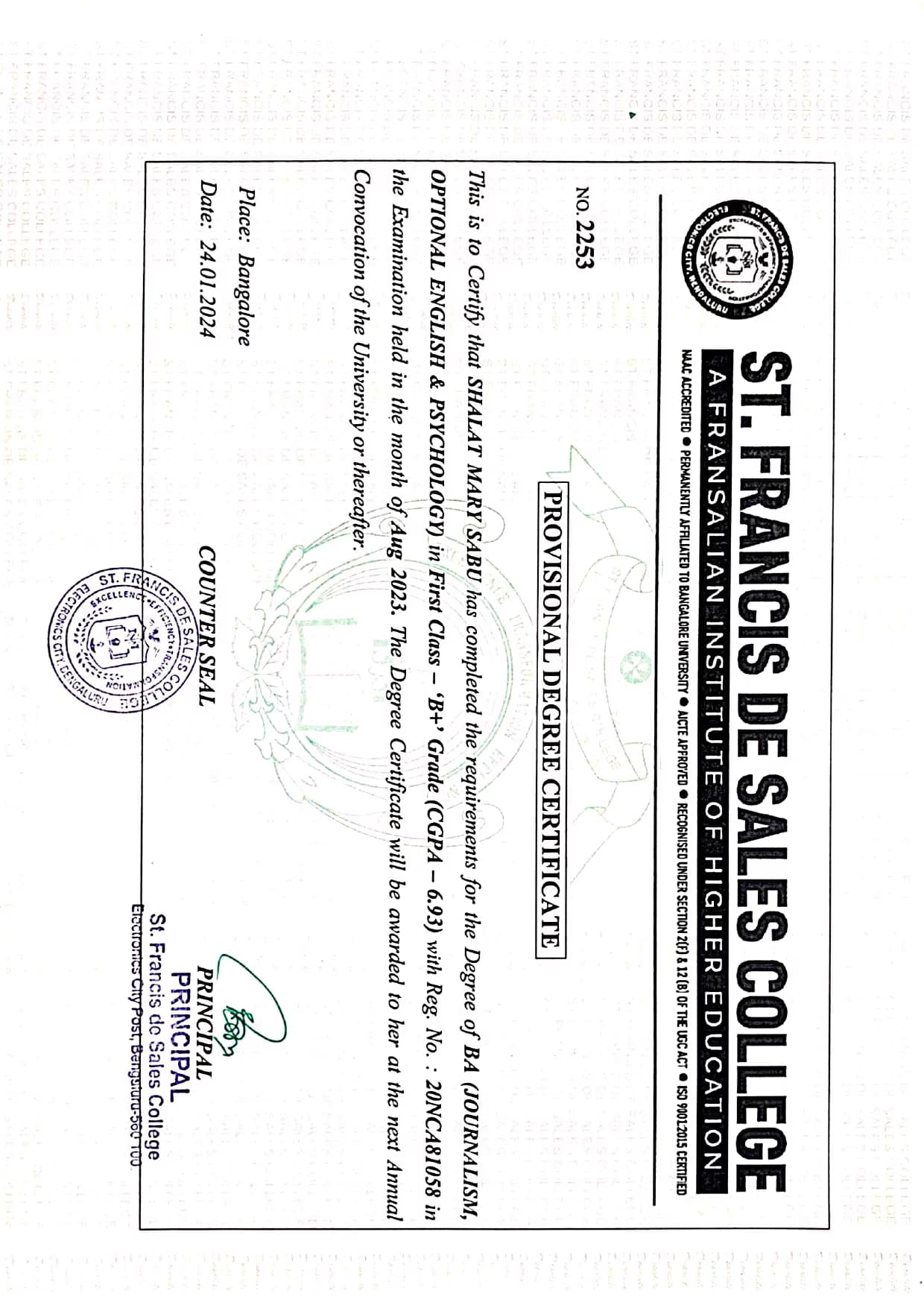 Shalat Mary graduated from St. Francis De Sales Degree College (Bangalore University)