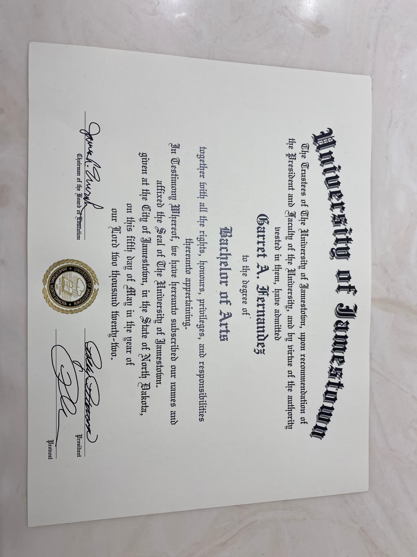 Garret  graduated from University of Jamestown