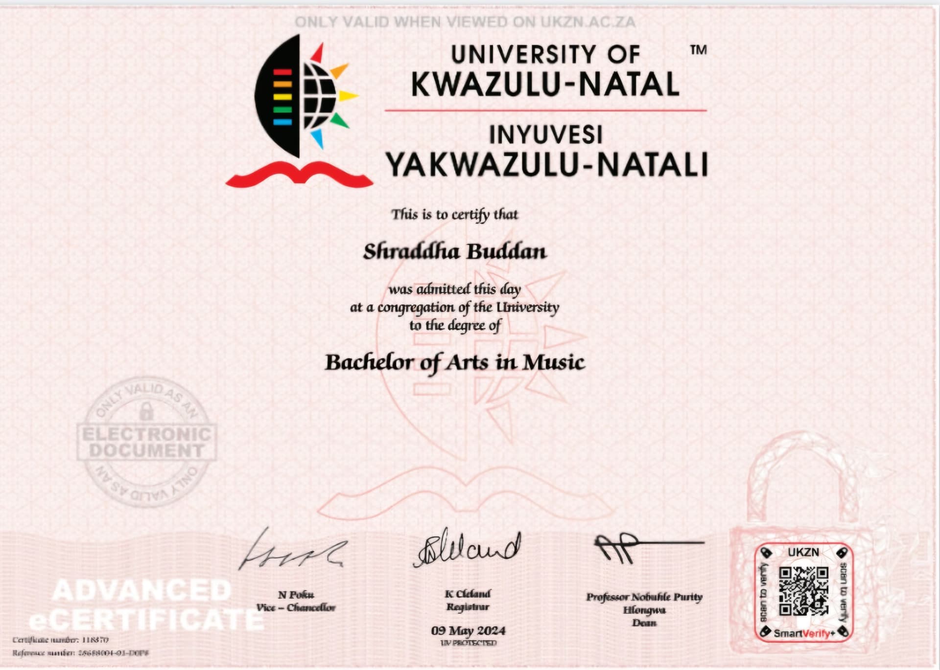 Shraddha graduated from University of Kwa-Zulu Natal