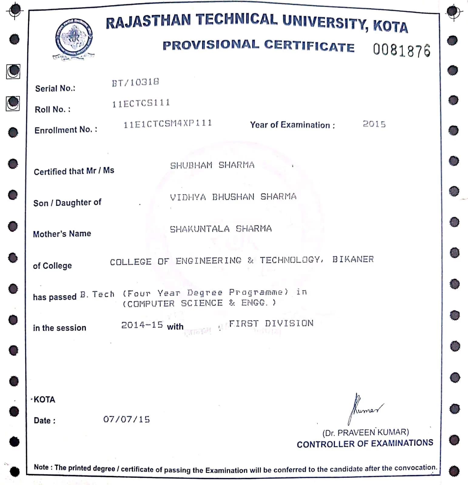 Shubham graduated from Rajasthan Technical University