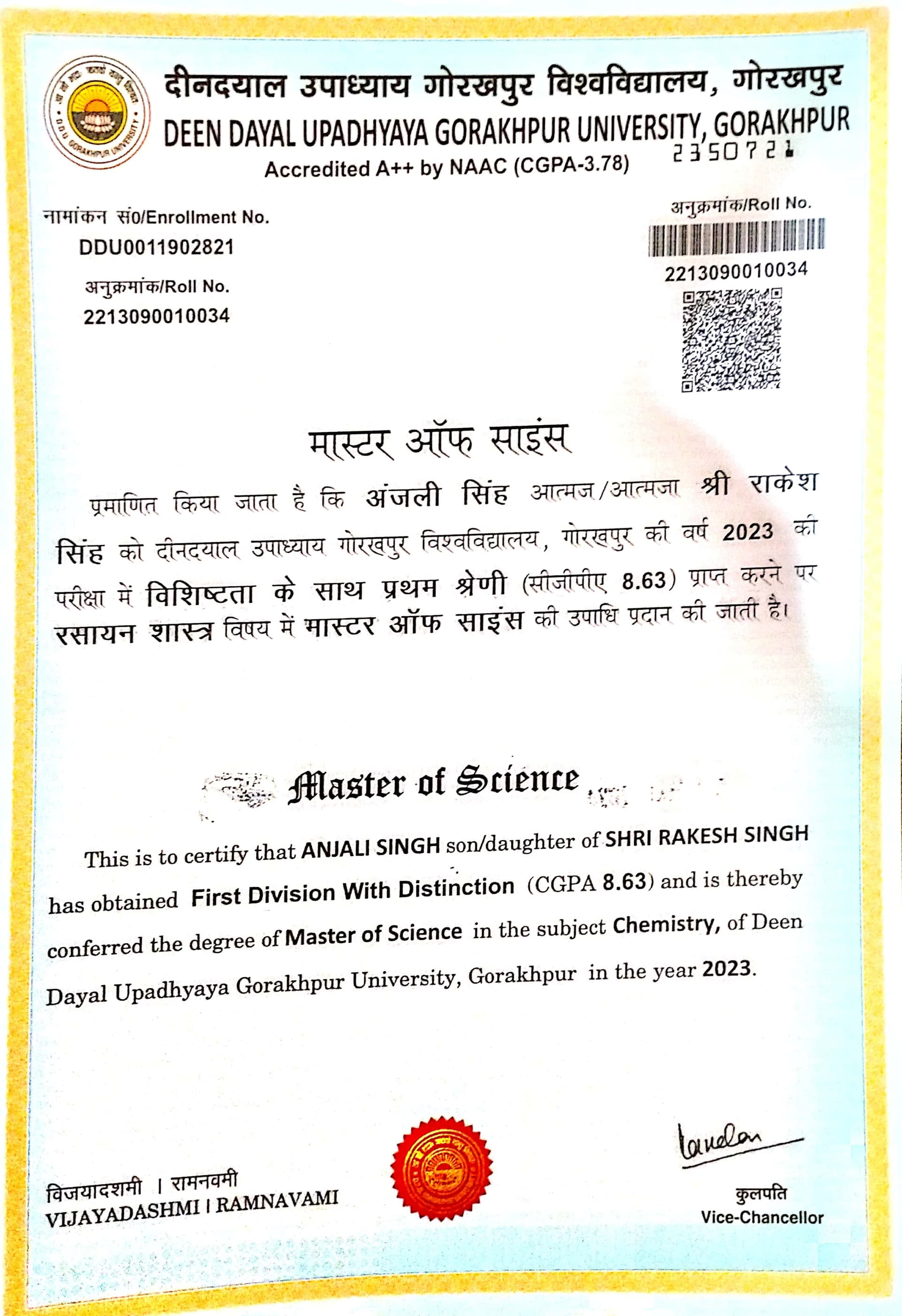 Anjali graduated from Deen Dayal Upadhyaya Gorakhpur University 