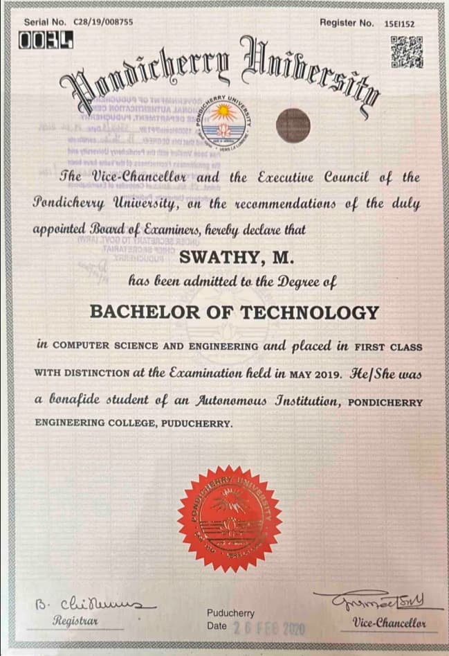 Swathy graduated from Pondicherry Engineering College