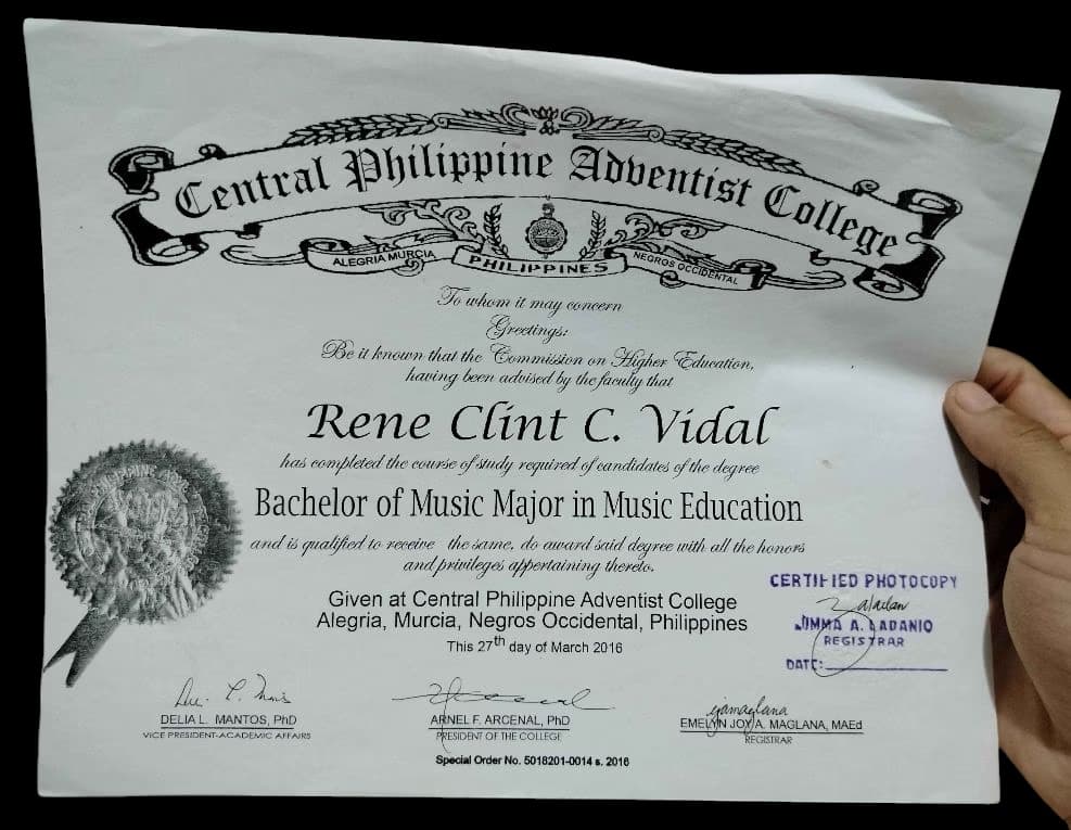 Clint graduated from Central Philippine Adventist College