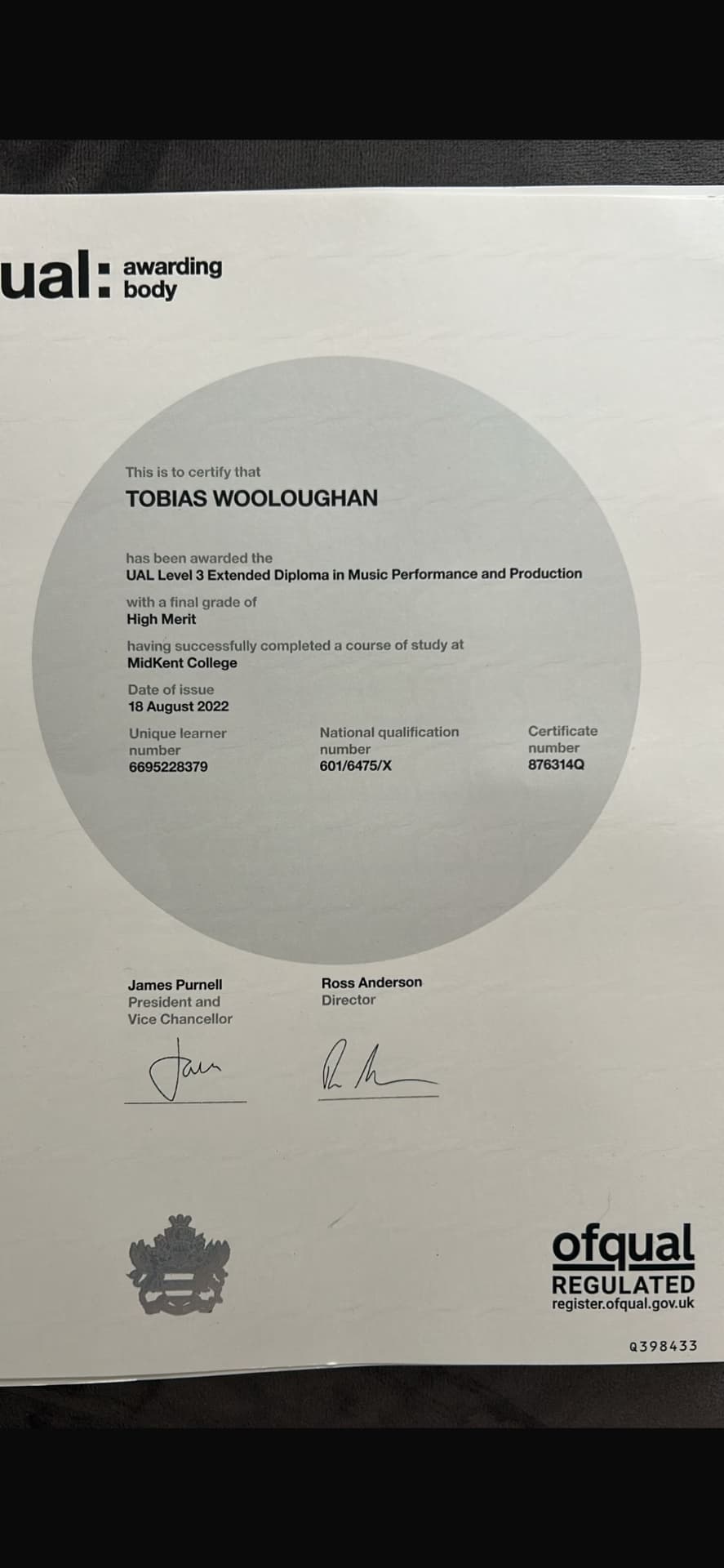 Tobias graduated from MidKent College