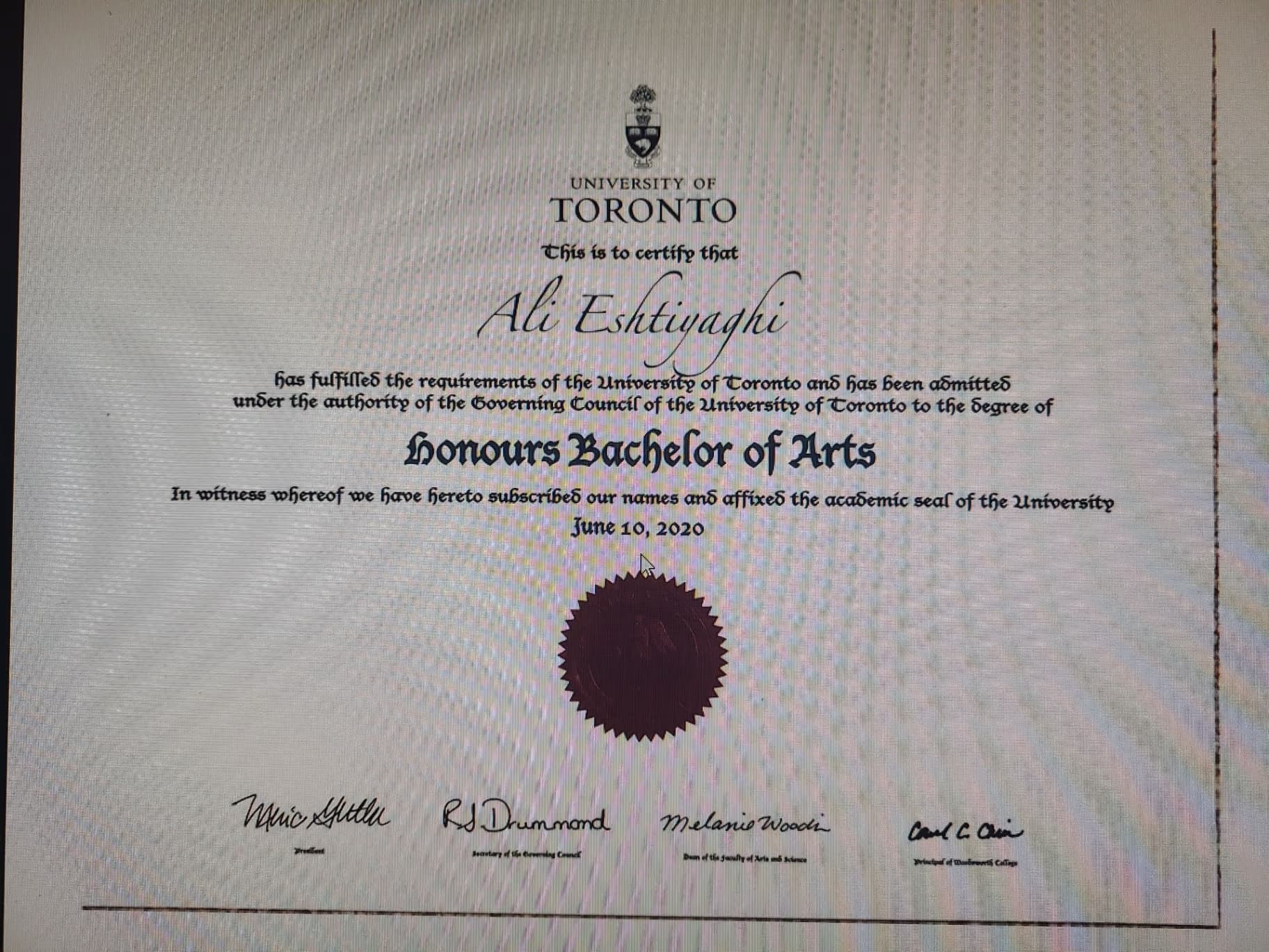 Ali graduated from University of Toronto