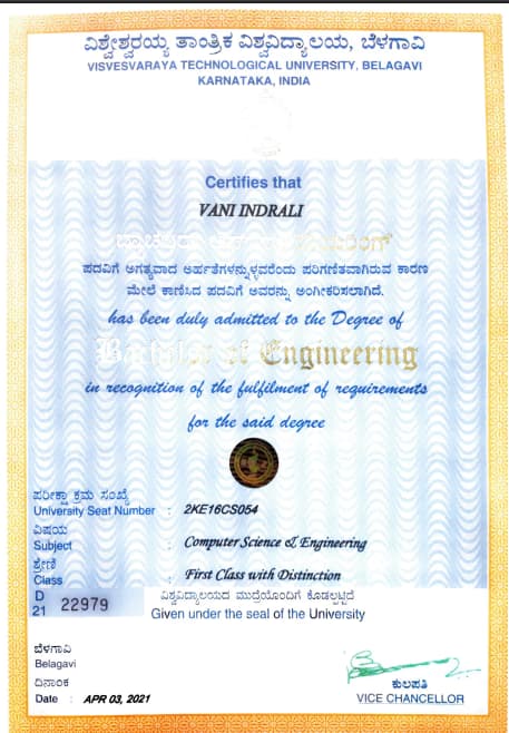 vani graduated from K.L.E Institute of Technology