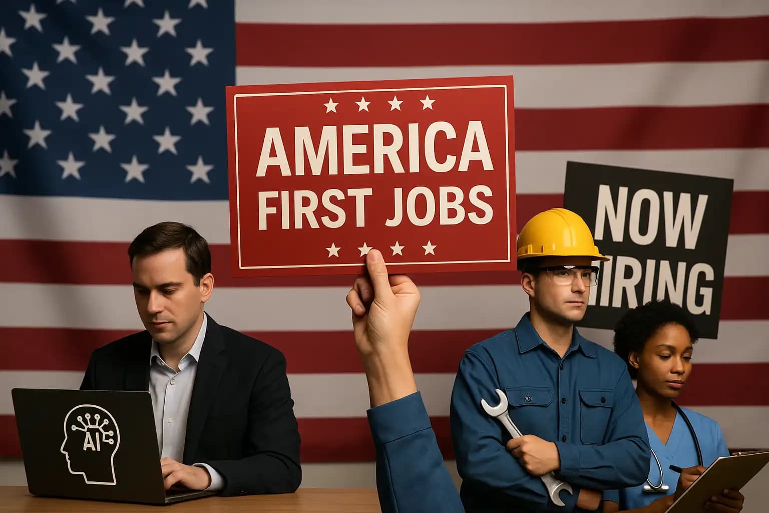 Students in US analyzing job market charts with changing trends due to America first approach